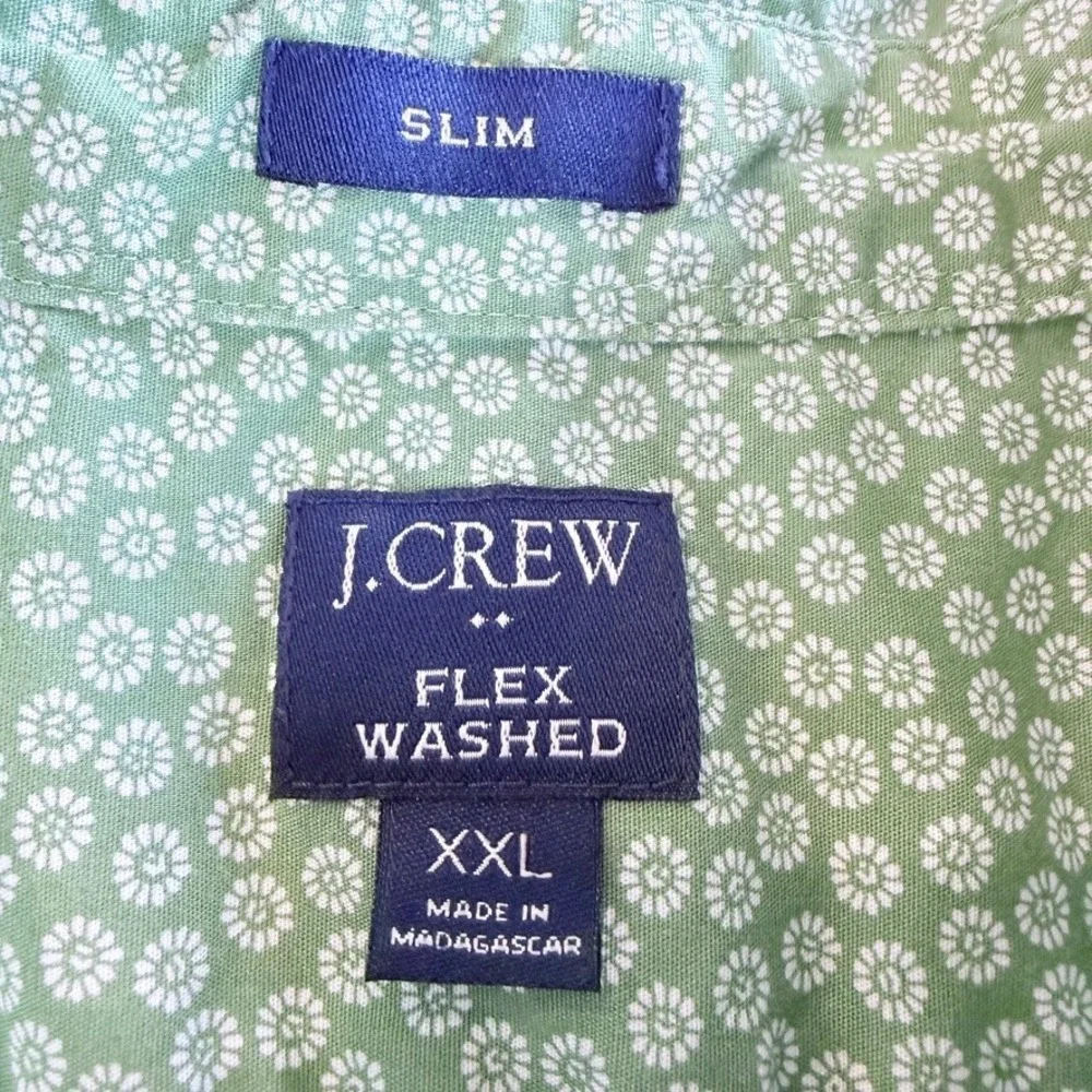 J.Crew Button Down Shirt Mens XXL Green Floral Short Sleeve Slim Fit Flex Washed